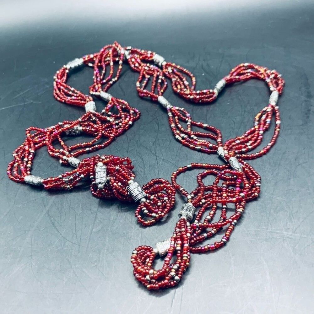 Art Deco Necklace Red Silver Beaded Tassel Flapper Sautoir 40 grams 50 inches